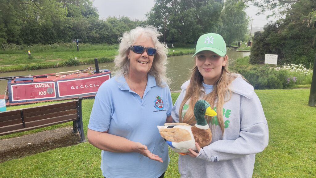 Crick Guess the Ducks 2024: Tracey presenting Lorraine with her cuddly Mallard Duck.