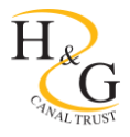 Herefordshire and Gloucestershire Canal Trust logo. The black letters H & G on an orange swirl, with following the swirl "Canal Trust" underneath.