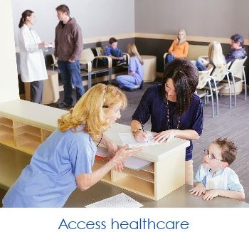 Access healthcare. A busy medical reception area. People sat waiting, a doctor in a white coat chatting to a patient and a lady completing some paperwork with a nurse at the reception desk.