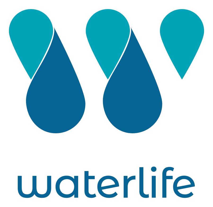 Waterlife logo. The letter "W" created by two-tone blue shapes. 3 x Light blue tear drops and 2 x larger upturned darker blue tear drops.