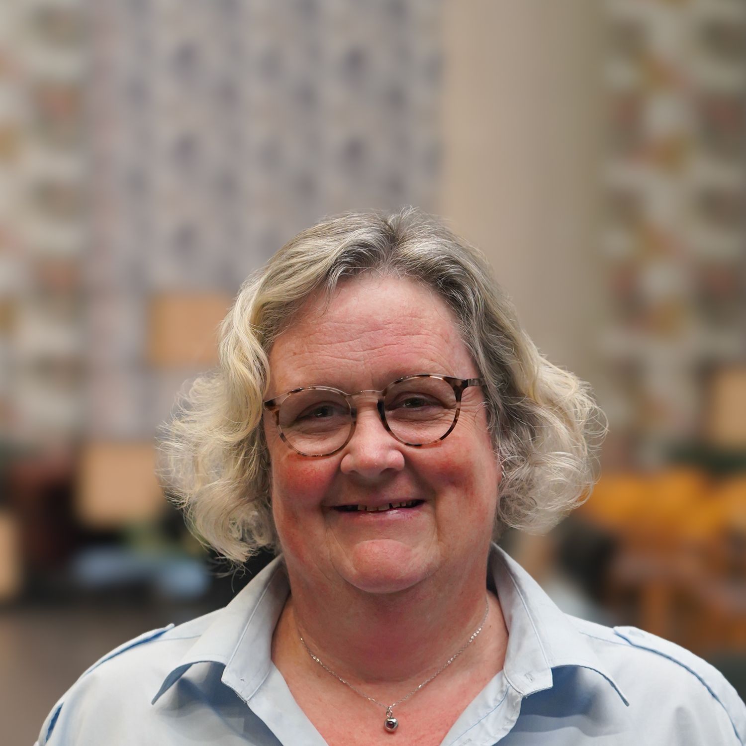 Lindsay Sedge - a middle aged lady with a big smile and light coloured shoulder length hair. She is wearing a light blue shirt.